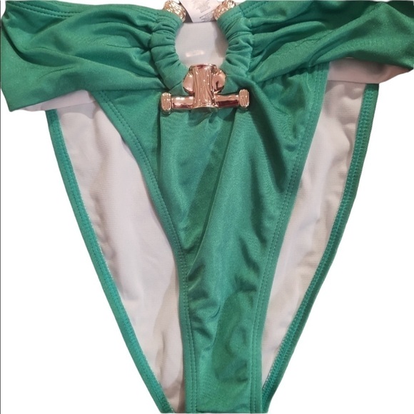NWT Pretty Little Thing Green Gold Hammer Detail Bikini Bottoms Sz 6 - Picture 5 of 9
